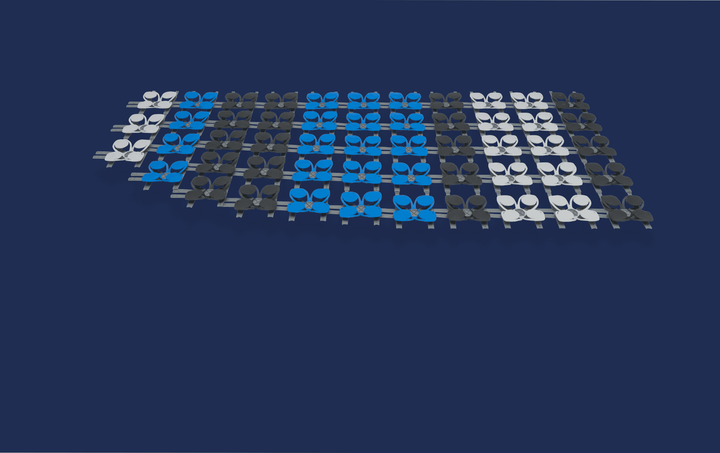 Seitenansicht CUBEcamp System Set mit variabel herausgenommenen Bodenplatten auf blauem HIntergrund